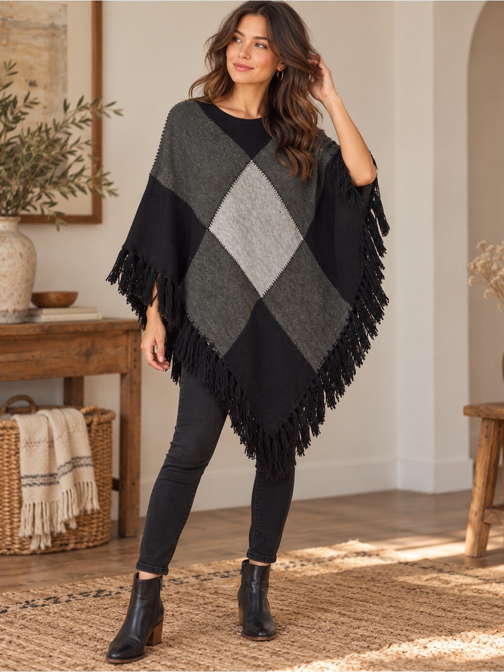 Esprit Poncho Cape Shawl Womens M/L Gray Black Colorblock Fringe V-Neck